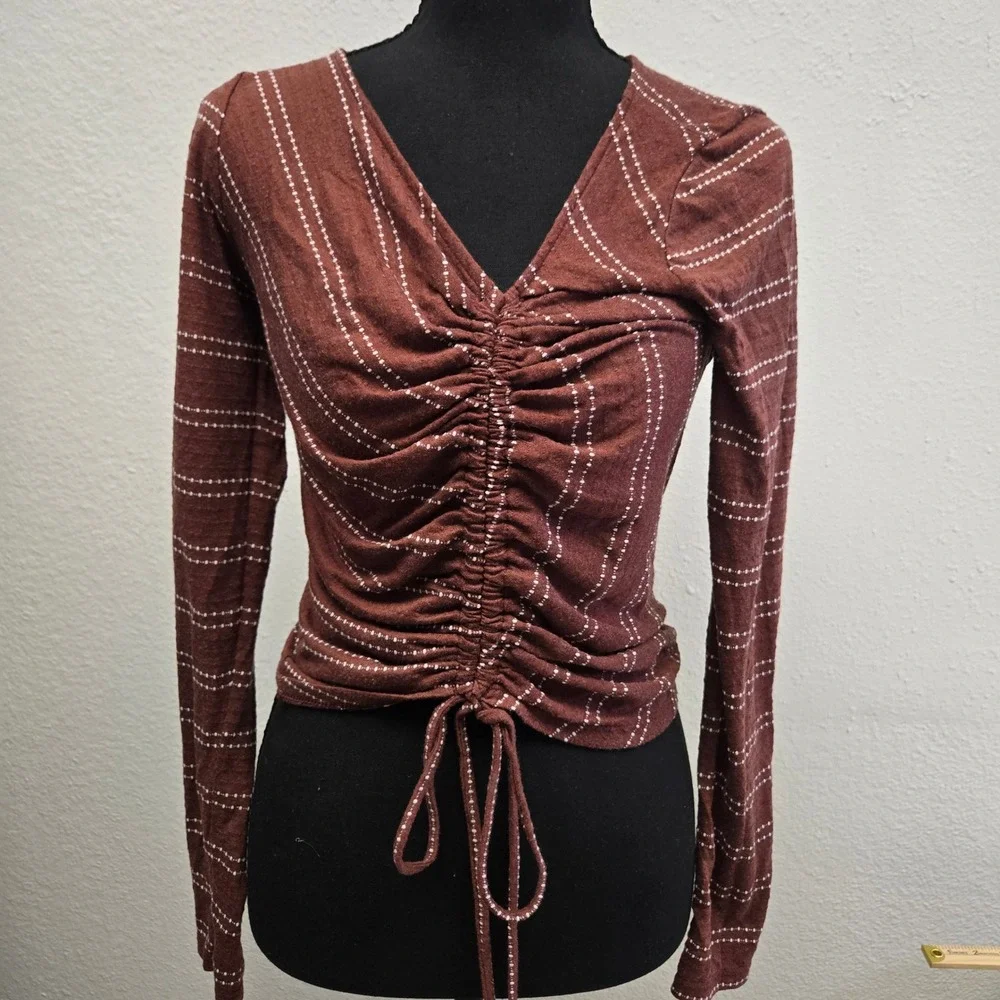 Rust Brown Ruched Drawstring V-Neck Top Cottagecore Boho Dotted Stripe Large - Picture 2 of 9